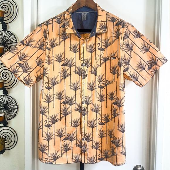 Hurley Mens Palms Flamingos Button Front Shirt - Orange Blue, Size XXL - Picture 3 of 9